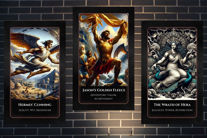 May include: Three illustrated cards with a black background and gold trim. The first card features a winged figure flying over a landscape. The second card features a man holding a golden fleece. The third card features a woman sitting on a throne with peacocks. The text on the cards reads "Hermes' Cunning", "Jason's Golden Fleece", and "The Wrath of Hera".