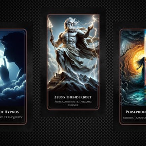 May include: Three tarot cards with illustrations of Greek mythology figures. The first card shows a figure with a finger to their lips, a full moon, and clouds. The second card shows Zeus holding a lightning bolt. The third card shows Persephone standing in a landscape with a tree on one side and a dark forest on the other.
