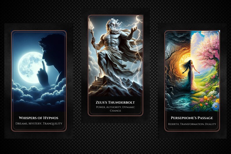 May include: Three tarot cards with illustrations of Greek mythology figures. The first card shows a figure with a finger to their lips, a full moon, and clouds. The second card shows Zeus holding a lightning bolt. The third card shows Persephone standing in a landscape with a tree on one side and a dark forest on the other.