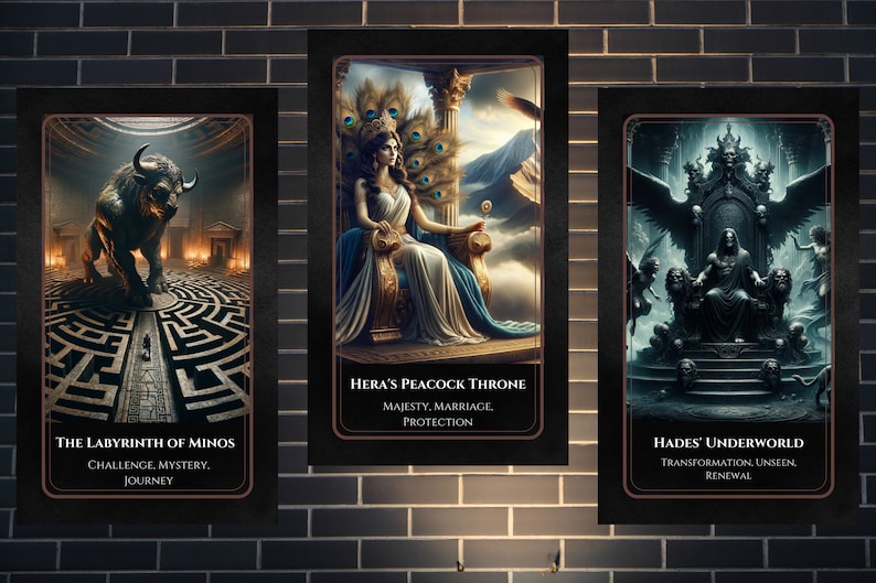 May include: Three tarot cards with dark backgrounds and gold accents. The first card depicts a black bull standing in a maze with the text "The Labyrinth of Minos, Challenge, Mystery, Journey". The second card shows a woman sitting on a throne with a peacock feather design and the text "Hera's Peacock Throne, Majesty, Marriage, Protection". The third card shows a man sitting on a throne with a skull design and the text "Hades' Underworld, Transformation, Unseen, Renewal".