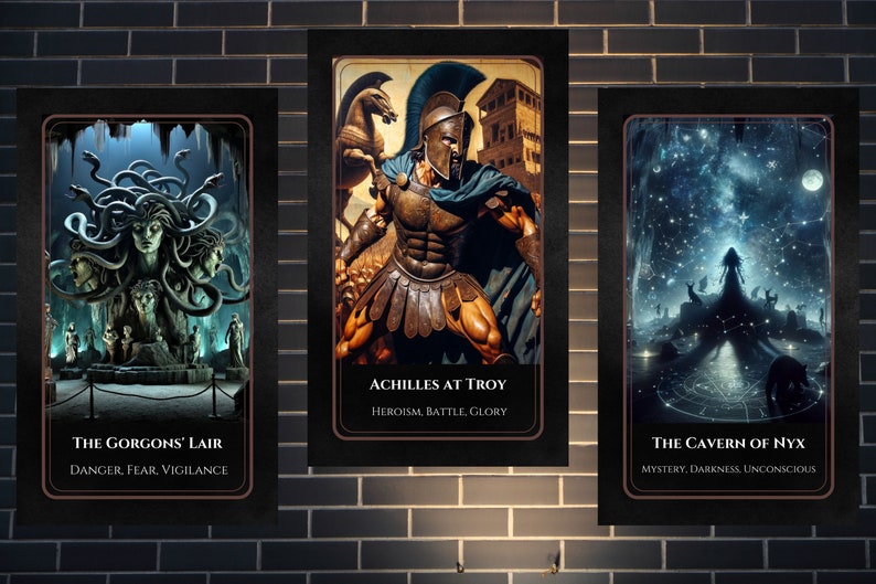 May include: Three illustrated cards with a dark background and gold trim. The first card features a green and black image of Medusa, the second card features a bronze warrior, and the third card features a dark figure standing in a starry sky.