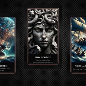 May include: Three illustrated cards with a dark background. The first card shows a man holding up a globe with the text "Atlas's Burden, Responsibility, Endurance, Strength". The second card shows a woman with snakes for hair and the text "Medusa's Gaze, Transformation, Misunderstanding, Power". The third card shows a ship sailing on the ocean with the text "Argonauts' Voyage, Adventure, Teamwork, Quest".