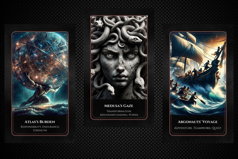 May include: Three illustrated cards with a dark background. The first card shows a man holding up a globe with the text "Atlas's Burden, Responsibility, Endurance, Strength". The second card shows a woman with snakes for hair and the text "Medusa's Gaze, Transformation, Misunderstanding, Power". The third card shows a ship sailing on the ocean with the text "Argonauts' Voyage, Adventure, Teamwork, Quest".