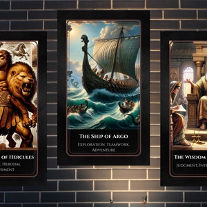 May include: Three illustrated cards with black frames and gold accents. The first card depicts Hercules with a lion, the second card shows a ship sailing on the sea, and the third card shows a king sitting on a throne. The cards have text on them, including the titles "The Triumph of Hercules", "The Ship of Argo", and "The Wisdom of Solomon".