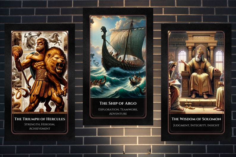 May include: Three illustrated cards with black frames and gold accents. The first card depicts Hercules with a lion, the second card shows a ship sailing on the sea, and the third card shows a king sitting on a throne. The cards have text on them, including the titles "The Triumph of Hercules", "The Ship of Argo", and "The Wisdom of Solomon".