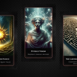 May include: Three tarot cards with illustrations and text. The Golden Fleece card shows a golden orb in a forest. The Pythia's Vision card shows a woman with a crown of stars. The Labyrinth's Heart card shows a heart-shaped maze.
