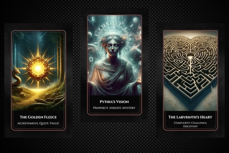 May include: Three tarot cards with illustrations and text. The Golden Fleece card shows a golden orb in a forest. The Pythia's Vision card shows a woman with a crown of stars. The Labyrinth's Heart card shows a heart-shaped maze.