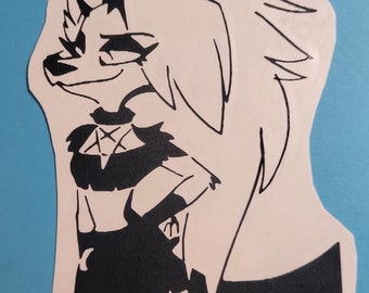 May include: Black and white illustration of a cartoon character with horns and long hair. The character is wearing a black outfit with a pentagram design.