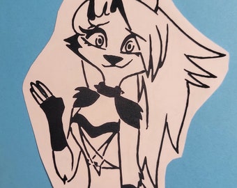May include: A black and white cartoon illustration of a wolf-like character with long hair, wearing a black outfit and gloves, waving with one hand. The character is drawn on a light pink paper cutout against a blue background.
