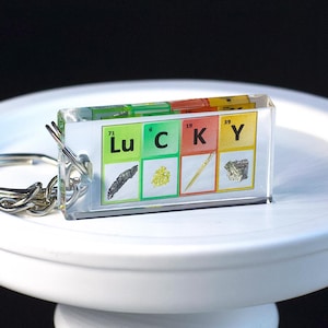 Peut inclure: Un porte-clés en acrylique transparent avec les lettres "LUCKY" écrites à l'aide des symboles chimiques des éléments Lutécium (Lu), Carbone (C), Potassium (K) et Yttrium (Y). Chaque élément est représenté par son symbole, son numéro atomique et une petite image de l'élément à l'état naturel.