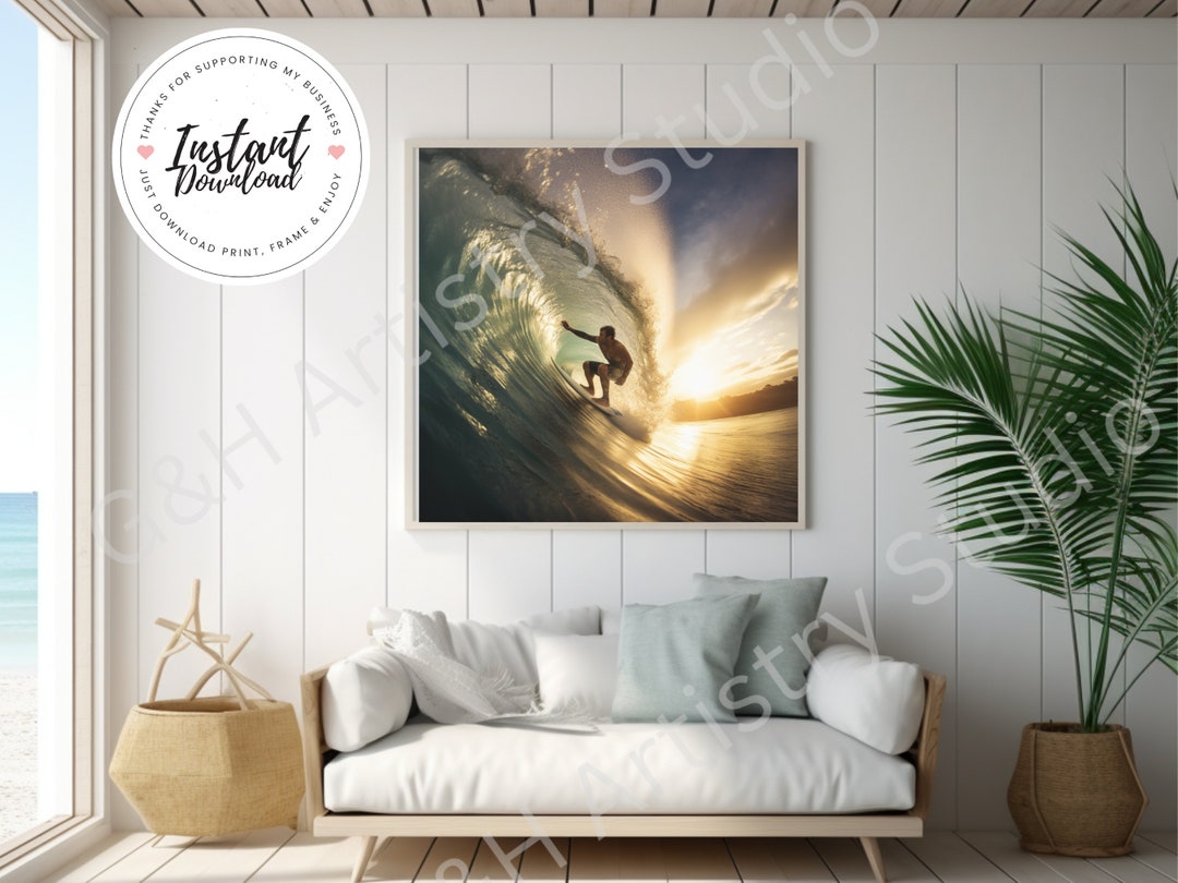 Coastal Wall Art, Surfing Huge Wave Digital Photo, Beach and