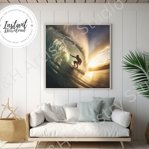 Arte da parete costiera, foto digitale di surf su onde enormi, giornate estive sulla spiaggia e sulla costa. Splendida arte da parete surfista.