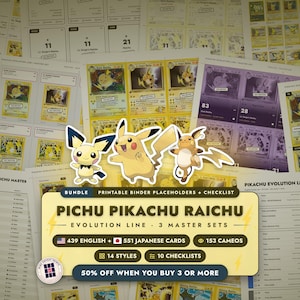 Pack: Pichu Pikachu Raichu Master Set Placeholders + Checklist | Línea Evolutiva, 3 Master Sets | 439 EN + 551 JP Cartas + Cameos