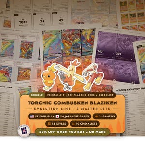 Bundle: Torchic Combusken Blaziken Master Set Binder Placeholders + Checklist | Evolution Line, 3 Master Sets | 97 EN + 94 JP Cards + Cameos