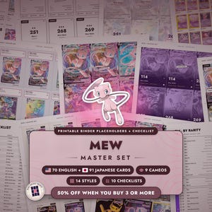 Zestaw Mew Master Binder Placeholders + Checklist | 70 EN + 91 JP Pokemon Cards + Cameo | Wkładki do druku (do pobrania w wersji cyfrowej)