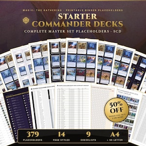 Peut inclure: Un ensemble de marque-pages imprimables pour classeur Magic: The Gathering Starter Commander Decks comprenant 379 emplacements, 14 styles de page et 9 listes de contrôle. Les documents sont au format A4 et US Letter avec des images de cartes.