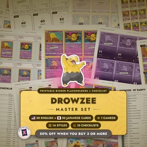 Drowzee Master Set Binder Placeholders + Checklist | 28 EN + 30 JP Pokemon Cards + Cameos | Printable Inserts (Digital Download)