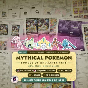 Bundle Master Set Pokémon Misteriosi Segnaposto + Checklist | 23 Master Set - Mew, Celebi, Jirachi | 629 EN + 799 JP Carte + Cameo