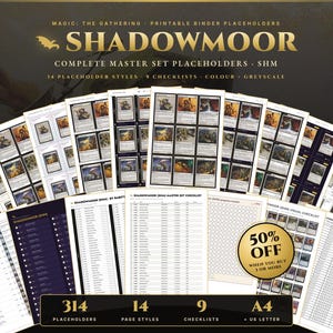 Op de afbeelding: Een verzameling printbare Magic: The Gathering Shadowmoor map-placeholders en checklists. De set bevat 314 placeholders, 14 paginastijlen en 9 checklists in A4- en US Letter-formaten, voorzien van kaartafbeeldingen en bijhoudrasters.