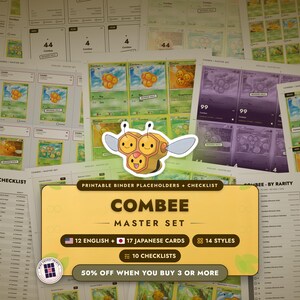 Zestaw Combee Master Binder Placeholders + Checklist | 12 EN + 17 JP kart Pokemon | Wkładki do druku (do pobrania w wersji cyfrowej)