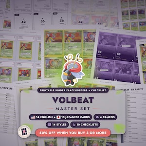 May include: A printable binder placeholder and checklist set for Volbeat trading cards. The central graphic features a cartoon Volbeat character. Text includes Volbeat Master Set, 14 English + 10 Japanese cards, 4 cameos, 14 styles, and 10 checklists.