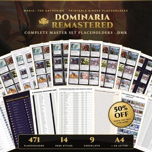 Pode incluir: Uma coleção de marcadores de pasta imprimíveis para o conjunto Magic: The Gathering Dominaria Remastered. As folhas apresentam imagens de cartas, listas de verificação e rastreadores de progresso com texto incluindo Dominaria Remastered, 471 placeholders, 14 page styles, 9 checklists e tamanhos A4 e US letter.