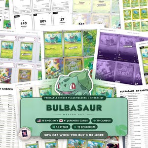 Bulbasaur Master Set Binder Placeholders + Checklist | 38 EN + 41 JP Pokemon Cards + Cameos | Printable Inserts (Digital Download)