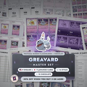May include: A Greavard master set printable binder placeholder and checklist collection featuring multiple card layouts, a central Greavard character illustration with a candle, and text detailing 9 English and 11 Japanese cards, 14 styles, and 10 checklists.