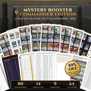 Könnte beinhalten: Eine Sammlung druckbarer Magic: The Gathering Mystery Booster Commander Edition Ordner-Platzhalter, Checklisten und visuelle Anleitungen. Die Dokumente enthalten Kartenbilder, Textlisten und Raster in den Formaten A4 und US Letter.