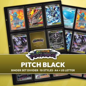 Puede incluir: Una página de carpeta de plástico negro para tarjetas coleccionables con nueve bolsillos que contienen varias tarjetas ilustradas de criaturas fantásticas. El texto en la tarjeta central y la superposición dice Mega Evolution Pitch Black Binder Set Divider 10 Styles A4 + US Letter.