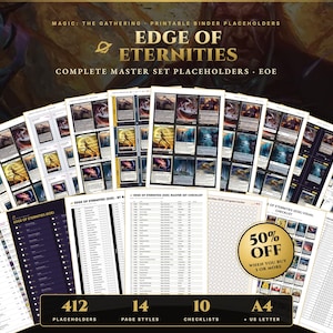 Puede incluir: Una colección de marcadores de posición imprimibles para carpetas de Magic: The Gathering Edge of Eternities, que incluye listas de verificación y rastreadores de progreso. Las hojas muestran imágenes de cartas, tablas y texto, con una insignia dorada.
