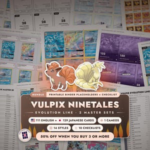 Bundle: Vulpix Ninetales Master Set Binder Placeholders + Checklist | Evolution Line, 2 Master Sets | 111 EN + 129 JP Pokemon Cards + Cameos