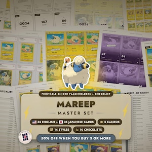 Mareep Master Set Binder Placeholders + Checklist | 35 EN + 38 JP Pokemon Cards + Cameos | Printable Inserts (Digital Download)