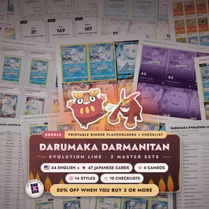 Bundle: Darumaka Darmanitan Master Set Binder Placeholders + Checklist | Evolution Line, 2 Master Sets | 44 EN + 47 JP Cards + Cameos