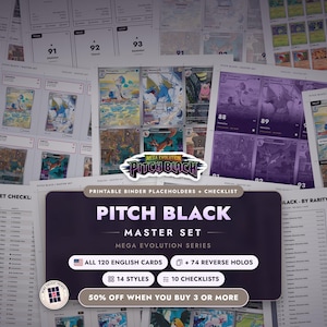 Mega Evolution: Pitch Black Master Set Binder Placeholders + Checklist | All 120 EN Cards + 74 Reverse Holos | Printable Pokemon Inserts