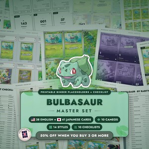 Bulbasaur Master Set Ordner-Platzhalter + Checkliste | 38 EN + 41 JP Pokémon-Karten + Cameos | Druckbare Einlagen (Digitaler Download)
