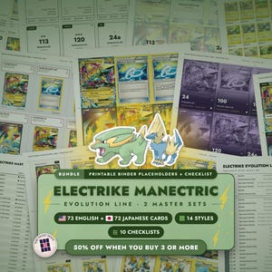 Peut inclure: Un ensemble numérique de fiches de classement et de listes de contrôle imprimables pour les cartes à collectionner Electrike et Manectric. Il comprend 73 cartes anglaises et 72 japonaises, 14 styles et 10 listes, avec des illustrations des créatures.