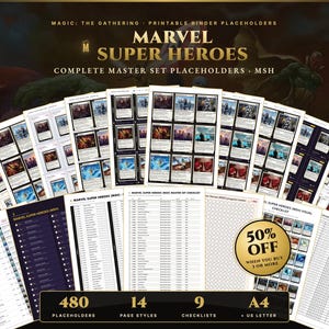 May include: A collection of printable binder placeholders for Magic: The Gathering Marvel Super Heroes cards. The set includes 480 placeholders, 14 page styles, and 9 checklists in A4 and US Letter sizes, featuring various card images and text.
