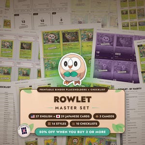 Archivador del set maestro de Rowlet + Lista de verificación / 27 cartas Pokémon EN + 29 JP + Cameos / Insertos imprimibles (Descarga digital)