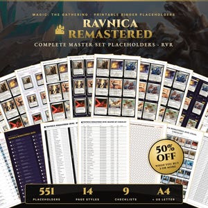 Könnte beinhalten: Eine Sammlung druckbarer Ordner-Platzhalter für das Magic: The Gathering Ravnica Remastered Set. Die Blätter zeigen Kartengitter, Checklisten und Tracker mit Texten wie Ravnica Remastered, 551 placeholders, 14 page styles und 9 checklists.