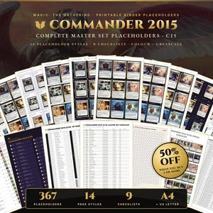 Könnte beinhalten: Eine Sammlung von druckbaren Magic: The Gathering Commander 2015 Ordner-Platzhaltern, Checklisten und Fortschrittstrackern. Die Dokumente zeigen verschiedene Kartenlayouts, Rastermuster und Textlisten sowie ein goldenes Abzeichen mit 50% OFF.