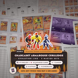 Bundle: Charcadet Armarouge Ceruledge Ordner-Platzhalter + Checkliste | Evolutionslinie, 3 Master-Sets | 37 englische + 44 japanische Pokémon-Karten + Cameos