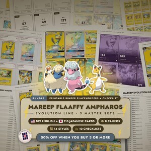 Paquete: Mareep Flaaffy Ampharos Master Set Binder Marcadores de posición + Lista de verificación / Línea de evolución, 3 Master Sets / 109 cartas EN + 115 cartas JP + Cameos