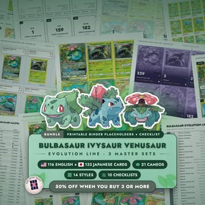 Bundle: Bulbasaur Ivysaur Venusaur Binder Placeholders + Checklist | Evolution Line, 3 Master Sets | 116 EN + 133 JP Pokemon Cards + Cameos
