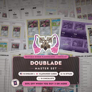 Peut inclure: Un ensemble imprimable de listes de contrôle et de marqueurs de classeur Doublade avec une illustration centrale du personnage Doublade. Le texte indique Doublade Master Set, 15 English + 15 Japanese cards, 14 styles et 10 checklists.
