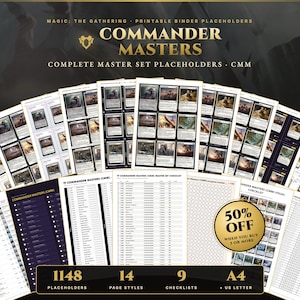 Puede incluir: Una colección de marcadores y listas de verificación imprimibles para carpetas de Magic: The Gathering Commander Masters. El set incluye 1148 marcadores, 14 estilos de página y 9 listas en formatos A4 y US Letter con imágenes y texto.