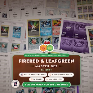 Könnte beinhalten: Eine Sammlung druckbarer Ordner-Platzhalter und Checklisten für das FireRed & LeafGreen EX-Serien-Sammelkarten-Master-Set, mit 116 englischen Karten, 103 Reverse-Holos, 14 Stilen und 10 Checklisten auf weißem Papier.