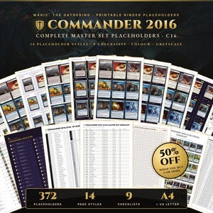 Puede incluir: Una colección de marcadores y listas de verificación imprimibles para carpetas de Magic: The Gathering Commander 2016. El set incluye 372 marcadores, 14 estilos de página y 9 listas en color y escala de grises, para papel A4 y US Letter.