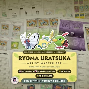 以下が含まれることがあります： イラストレーターRyoma Uratsukaによるポケモンカードマスターセットの印刷可能なバインダー用プレースホルダーとチェックリスト。バタフリー、ノコッチ、ネイティのイラストが描かれており、英語カード53枚と日本語カード67枚についての詳細が記載されています。