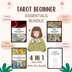 May include: A digital illustration promoting a Tarot Beginner Essentials Bundle. The image features a central illustration of a person holding a mug, surrounded by four digital tablets displaying Tarot-related content. Text includes "Tarot Beginner Essentials Bundle" and "4 in 1 Save 40% With this Bundle."